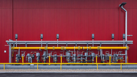 A vibrant industrial setup featuring a series of pumps mounted on a striking red wall, complemented by a yellow pipeline, designed for optimal fluid transport in manufacturing.の素材