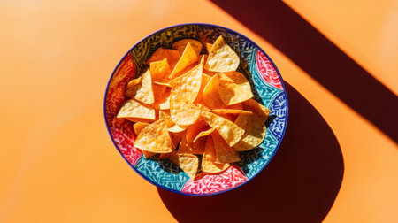 A captivating view of a colorful bowl filled with crispy tortilla chips, showcasing vibrant patterns against a bright orange surface, perfect for snacks.の素材