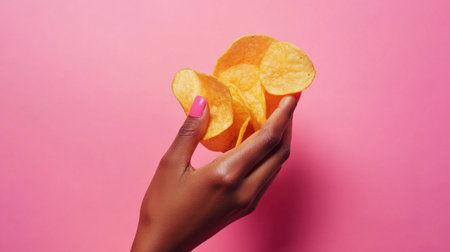 A vibrant image featuring a hand holding a handful of yellow potato chips against a striking pink background. Perfect for snack and food themes.の素材