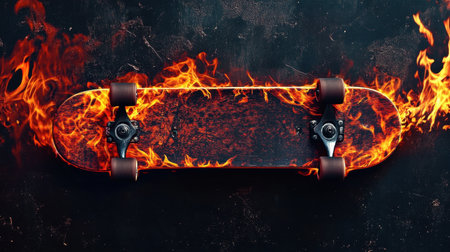 A striking image of a skateboard engulfed in vibrant flames against a dark textured background, radiating energy and creativity for dynamic artwork.の素材