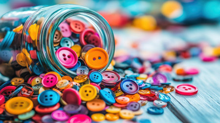 A vibrant scene featuring assorted colorful buttons spilling from an open glass jar onto a textured wooden surface, creating an artistic and playful atmosphere.の素材