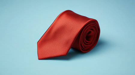 This image features a rolled red tie set against a light blue background, perfect for highlighting fashion accessories in formal or business contexts.の素材