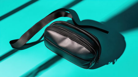 This image features a sleek black cosmetic bag artistically placed on a vibrant teal background. The interplay of shadows enhances the modern design, showcasing its stylish aesthetic and functional appeal.の素材