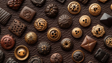 A stunning collection of vintage buttons showcasing intricate designs arranged on a dark leather background, ideal for fashion design or crafting inspiration.の素材