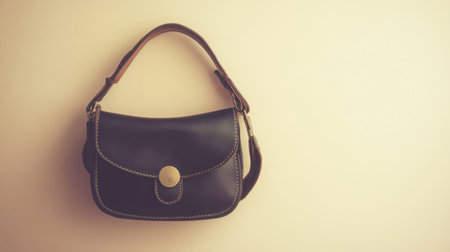 A beautiful black handbag sits gracefully against a neutral backdrop, perfect for showcasing women's fashion accessories with timeless elegance.の素材