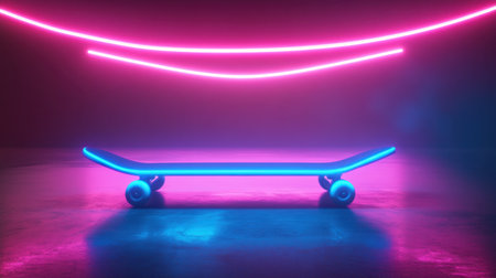 A striking neon skateboard illuminated with vibrant pink and blue lights, set against a dark urban backdrop, offers a modern and artistic perspective on recreation.の素材