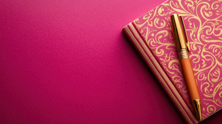 This vibrant image features a stylish pen resting atop an ornate notepad, set against a bold pink backdrop, ideal for creative and organizational projects.の素材