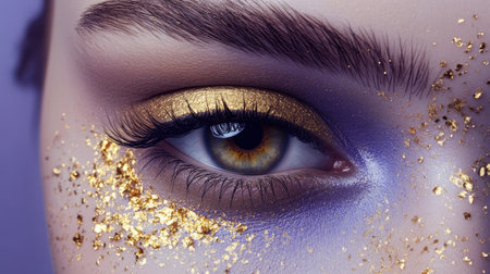 A stunning close-up image showcasing a beautiful eye adorned with gold glitter and purple makeup, highlighting the artistry of modern beauty trends.の素材