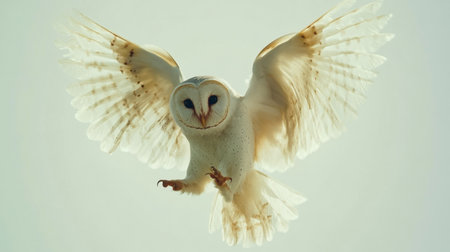 An ethereal barn owl takes to the skies with its wings fully extended, capturing a stunning moment of wildlife in its natural habitat. The serene background enhances the beauty and grace of this majestic bird, making it a perfect subject for nature and animal enthusiasts.の素材
