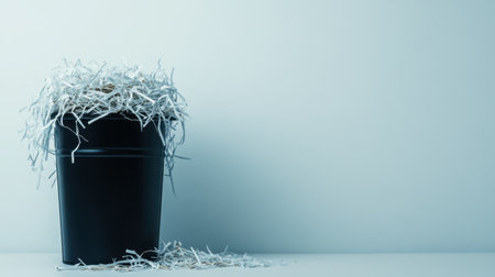 A black bucket filled with white shredded paper creates a minimalist aesthetic against a light background, perfect for various design and decor projects.の素材