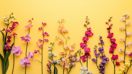 A stunning display of various orchids in vibrant colors against a bright yellow backdrop, perfect for nature-inspired designs and floral decorations.の素材
