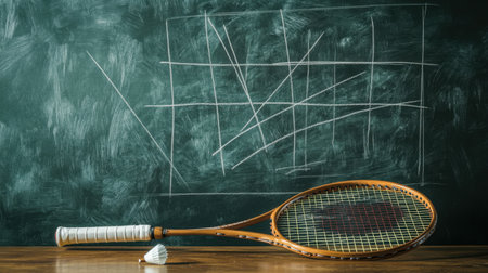 A tennis racket and shuttlecock rest on a wooden table, with a chalkboard in the background displaying a drawing of court lines, symbolizing sports and strategy.の素材
