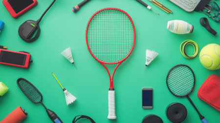 A vibrant collection of various sports items, including rackets, balls, shuttlecocks, and accessories, arranged artistically on a vivid green surface, showcasing active lifestyle and fitness themes.の素材