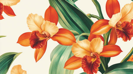 A detailed depiction of vibrant orange and cream orchids surrounded by lush green leaves, ideal for adding elegance and cheer to any space.の素材