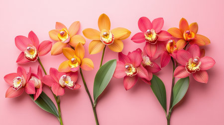 A stunning array of orchids in vibrant shades of pink and orange showcased against a soft pink background, perfect for floral design inspiration or decoration ideas.の素材