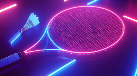A stunning neon-themed tennis racket showcases vibrant lights against a dark background, capturing energy and motion, perfect for sports enthusiasts.の素材