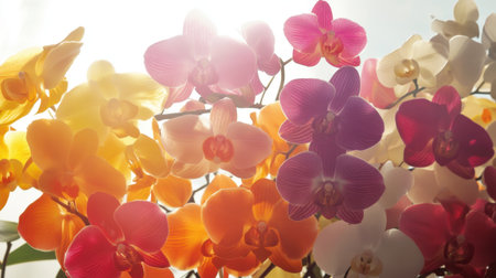 A stunning close-up of a variety of orchids basking in soft natural light, showcasing their vibrant colors and delicate petals. A perfect floral backdrop.の素材