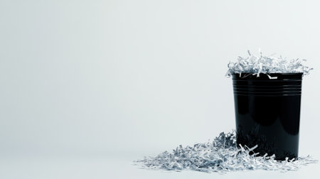 A black trash bin filled with shredded paper sits on a minimalistic white background, highlighting themes of waste management and organization in design.の素材