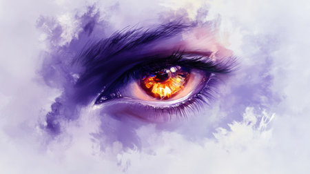 This captivating artwork features an enigmatic eye with a fiery glow, enveloped in soft, dreamy clouds, creating a surreal and mystical atmosphere.の素材