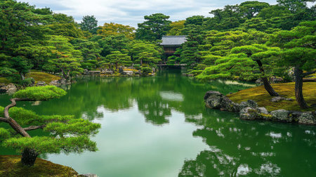 This image showcases a tranquil Japanese garden featuring a lush pond surrounded by vibrant greenery, creating a peaceful retreat in nature.の素材