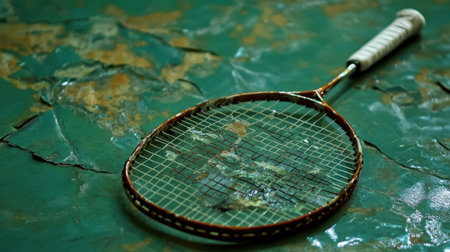 An old badminton racket lies on a weathered green surface, showcasing intricate textures and colors. Perfect for sports-themed creative projects.の素材