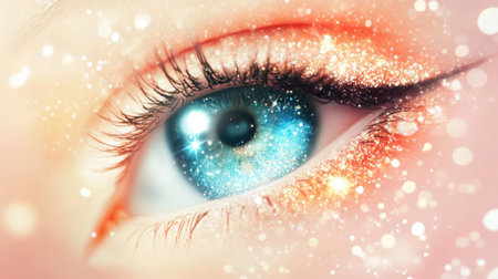 This stunning close-up features a vibrant blue eye with sparkling effects and glittering bokeh. Emotional and artistic, it captures beauty and fascination.の素材