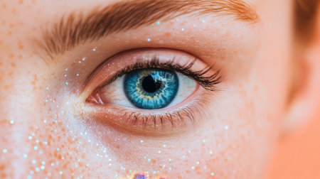 A mesmerizing close-up of a vibrant blue eye adorned with sparkling glitter and natural freckles, creating a stunning and captivating visual impact.の素材