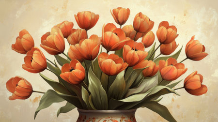 A stunning arrangement of vibrant orange tulips elegantly placed in a decorative vase, set against a soft background, perfect for various themes.の素材