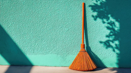 This vivid image features a bright orange broom propped against a striking teal wall, creating a lively contrast. Soft shadows dance across the surface, adding depth and charm.の素材