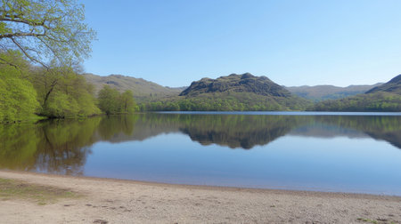 A serene landscape showcasing a calm lake reflecting lush green trees and majestic mountains under a clear blue sky, inviting relaxation and exploration.の素材