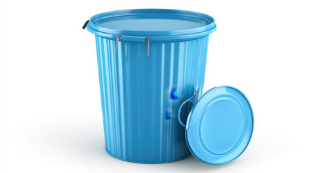 A bright blue plastic trash bin with a lid, ideal for waste management, recycling, or keeping spaces tidy. Its modern design enhances any environment.の素材