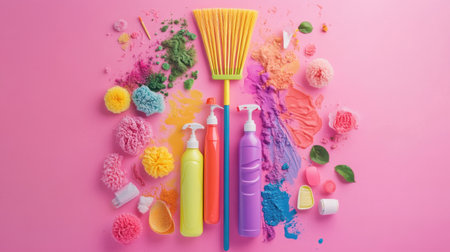 A vibrant arrangement of colorful cleaning supplies including sprays, a broom, and sponges against a playful pink background, ideal for promoting cleanliness and organization in any space.の素材