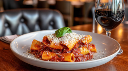 A mouthwatering plate of rigatoni pasta sits elegantly in a cozy restaurant, topped with rich marinara sauce, grated cheese, and fresh basil.の素材