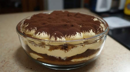 This captivating image showcases a beautiful layered tiramisu dessert in a glass bowl. Its rich cream and cocoa layers promise a delightful indulgence for any occasion.の素材