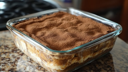 A beautifully presented homemade tiramisu dessert showcasing layers of creamy filling, cocoa powder topping, and rich flavors, perfect for any occasion.の素材