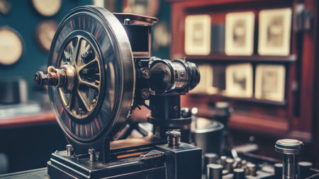 This image captures a vintage phonograph machine, highlighting its intricate mechanics within a historical audio studio, representing a timeless blend of technology and craftsmanship.の素材