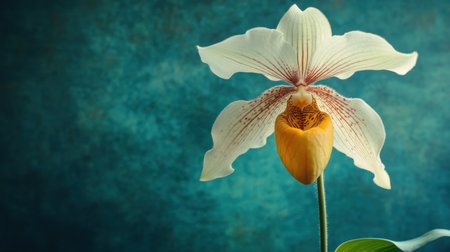 A stunning white orchid with striking yellow accents, set against a calming blue backdrop. This floral beauty embodies elegance and nature's artistry.の素材