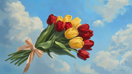 A vibrant bouquet of red and yellow tulips floats against a serene blue sky with soft clouds. This artwork captures the essence of springtime beauty and joy.の素材