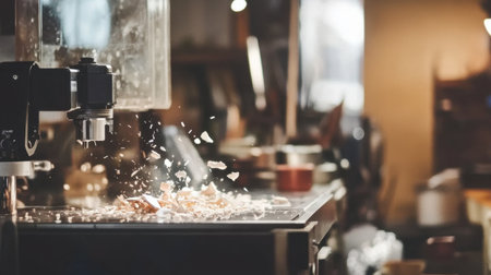 Capturing the essence of woodworking, this image shows a dynamic scene in a workshop where a machine shapes wood, creating splinters and shavings.の素材