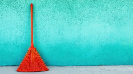 This image showcases a bright orange broom positioned against a textured turquoise wall, perfect for visuals related to cleanliness, home improvement, and vibrant design.の素材
