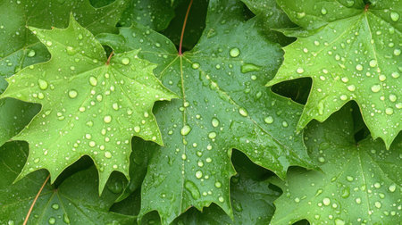 This close-up image features vibrant green maple leaves glistening with raindrops, highlighting unique patterns and textures found in nature.の素材