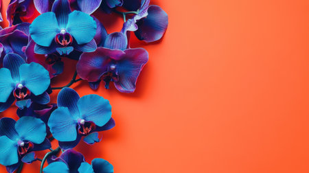 A stunning arrangement of vibrant blue orchids against a bright orange background, perfect for decor or design projects. Ideal for floral lovers and artists.の素材