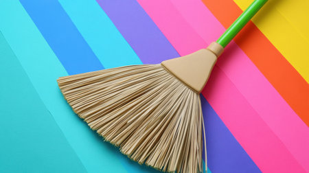 A close-up view of a colorful broom on a vibrant striped background, perfect for representing cleaning tools and home organization themes.の素材