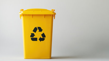 A bright yellow recycling bin featuring the recycling icon stands prominently against a light background, promoting waste management and environmental consciousness.の素材
