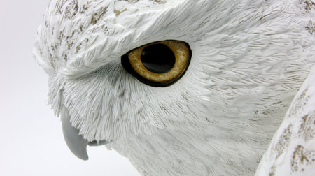 This striking close-up image showcases a majestic white owl with detailed feathers and an expressive yellow eye, highlighting the beauty of wildlife.の素材