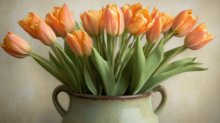 A stunning display of fresh orange tulips arranged in a charming vintage ceramic vase, ideal for home decor or as a vibrant centerpiece in any setting.の素材