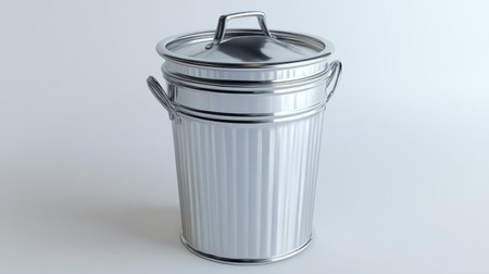 This image features a stylish metal trash bin with a lid, showcasing a reflective surface and classic ribbed design. Ideal for kitchen and home use.の素材
