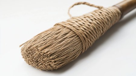 This image features a natural fiber brush with a twisted handle, showcasing intricate details and textures against a clean white background. Ideal for art and home use.の素材