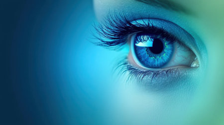 This captivating close-up image features a striking blue eye with lush eyelashes, set against soft blue tones, evoking a dreamy and serene atmosphere.の素材