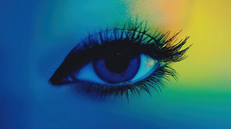 This close-up image showcases a stunning eye with vivid colors and dynamic lighting effects, symbolizing emotion and creativity through striking visual art.の素材